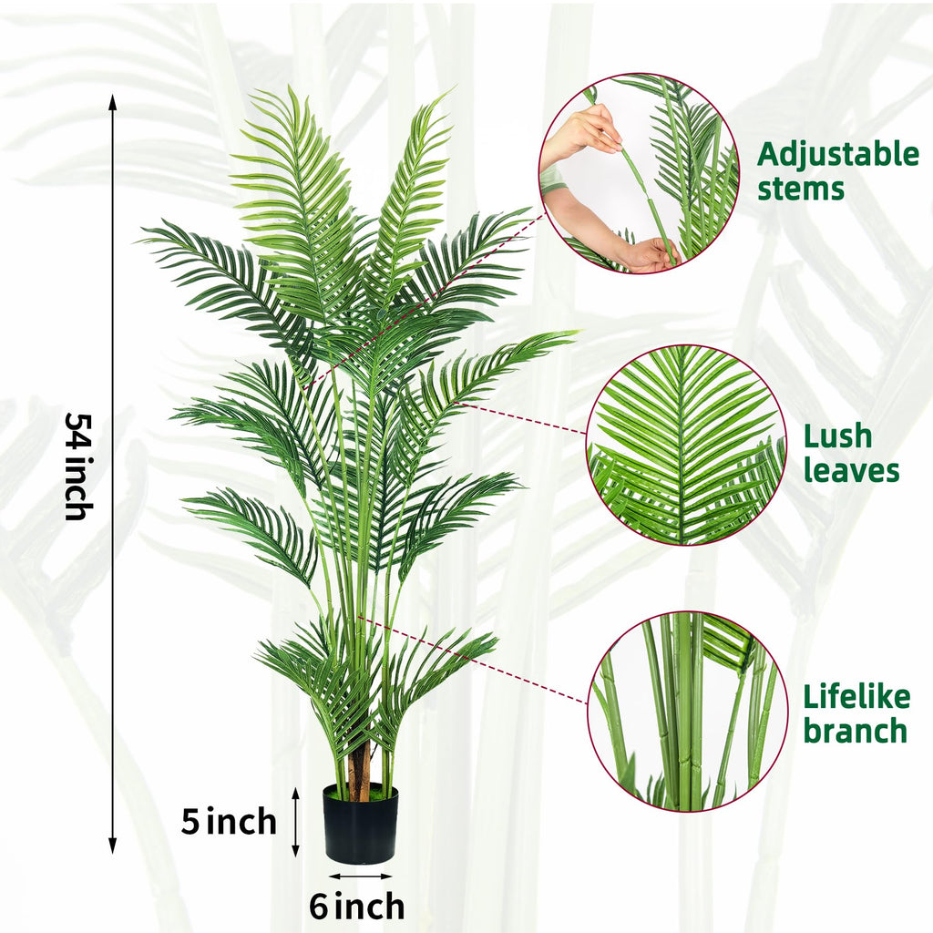 4.5FT Artificial Palm Tree, Faux Areca Palm Plant with Real Touch Leaves and Adjustable Branches, Fake Tropical Palm