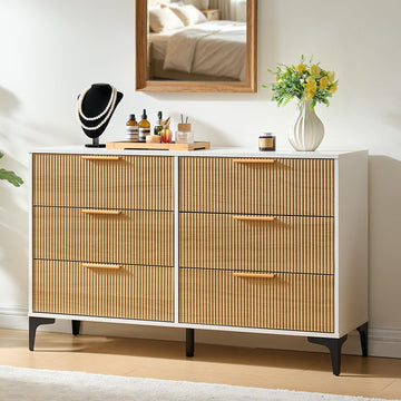 Fluted Dresser, Wide 6 Drawer Wood Dresser, White/Natural Oak
