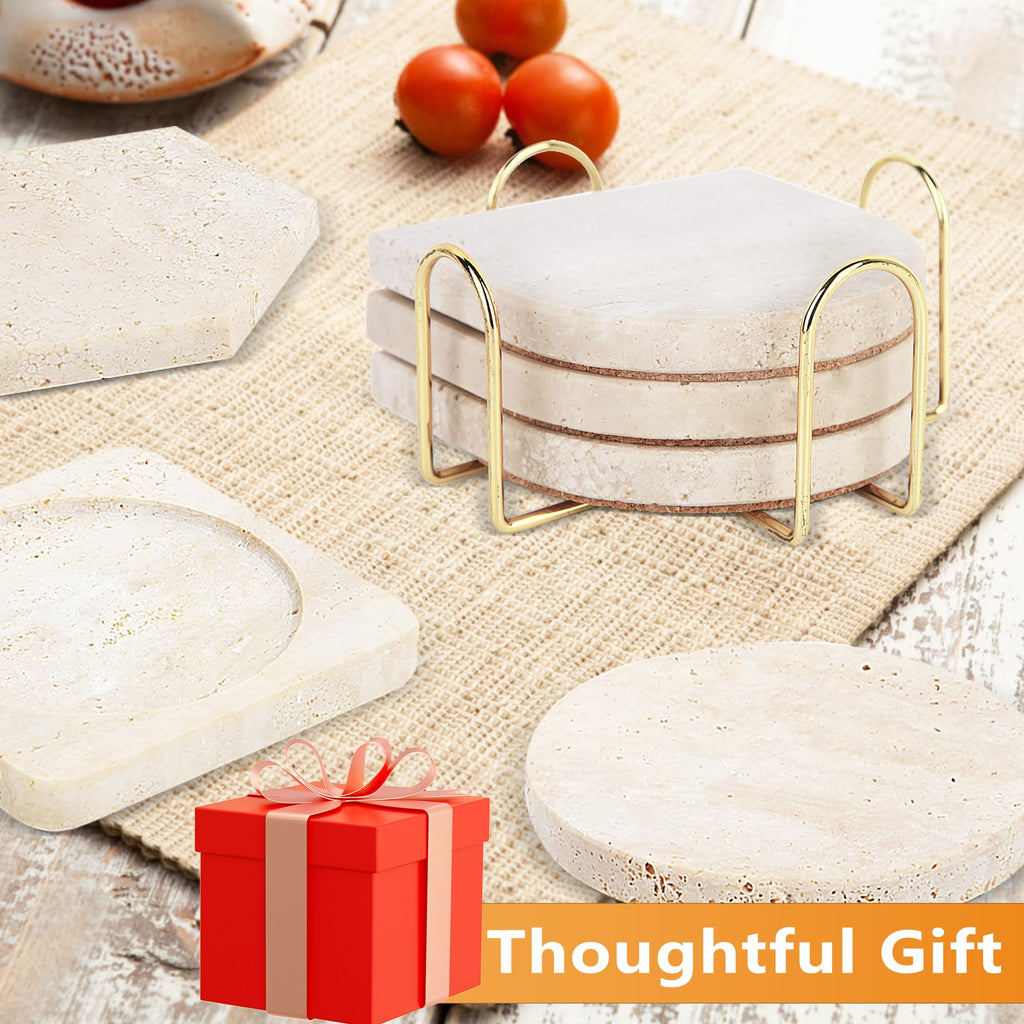 4Pcs Travertine Coasters with Nature Limestone Material and Gold Metal Holder, 4"Diameter Toast Arch Shape Bar