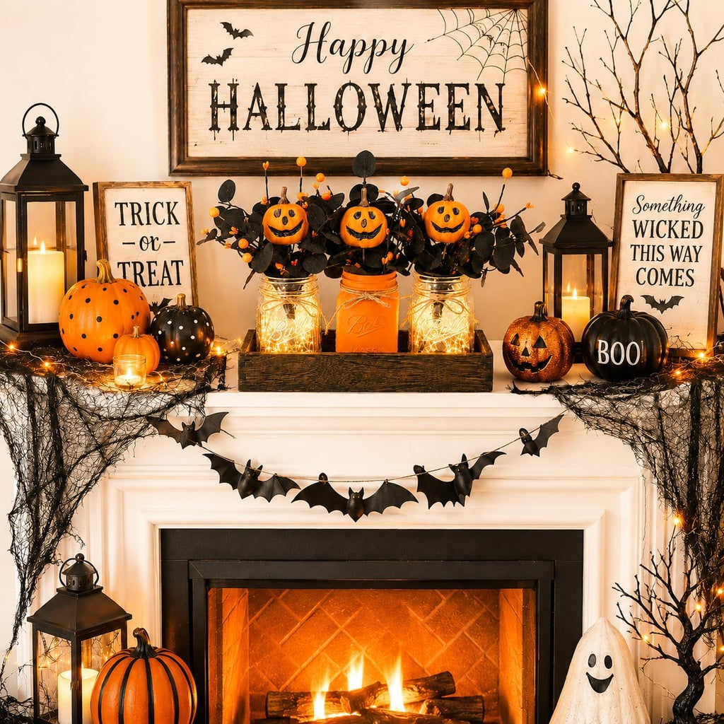 Lighted Halloween Table Centerpiece, Pumpkin Mason Jar Decorations - Set of 9