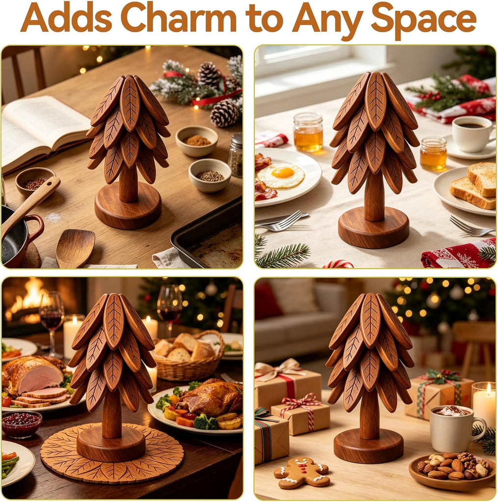 Wooden Trivets for Hot Dishes, Stackable Christmas Tree Trivet Set - Set of 4
