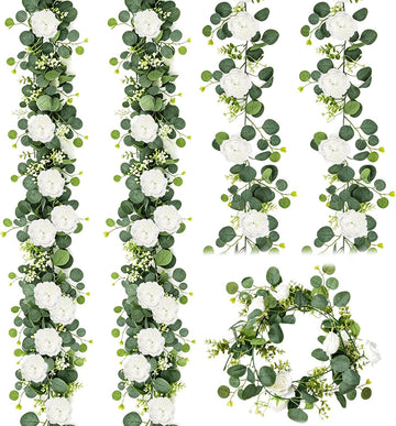 Artificial Eucalyptus Garland with White Roses Fake Greenery Flower - Set of 8