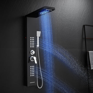 5 in 1 LED Rainfall Waterfall Shower Panel Tower System, Black
