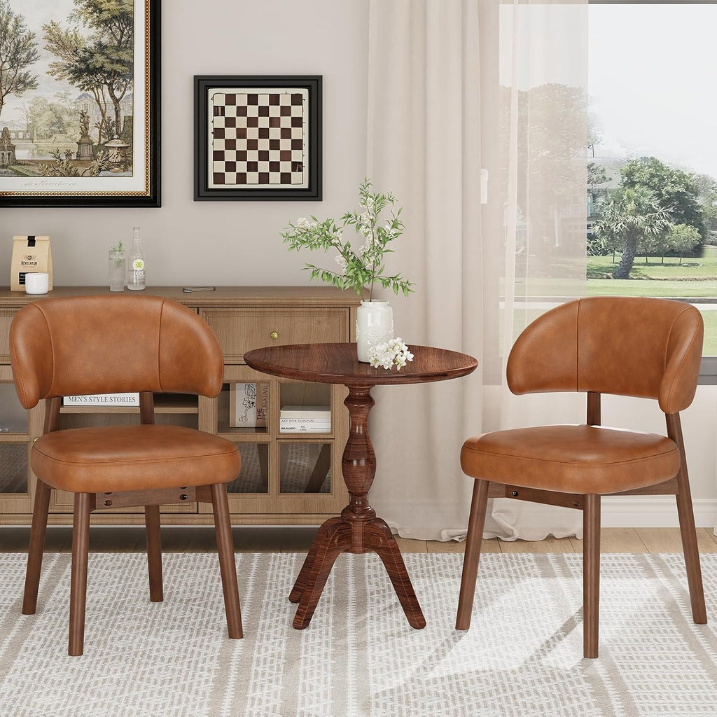 Wooden Dining Chairs Set of 2, Modern Upholstered Dining Room Chair, PU Leather Kitchen Side Chairs with Curved Open