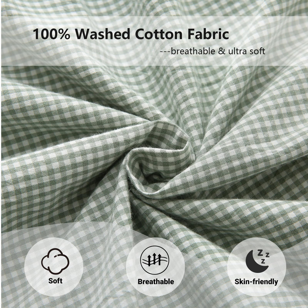 2 Pack Pile Green White Plaid Gingham Ruffle Pillow Shams Standard Size, 100% Washed Cotton Checkered Farmhouse