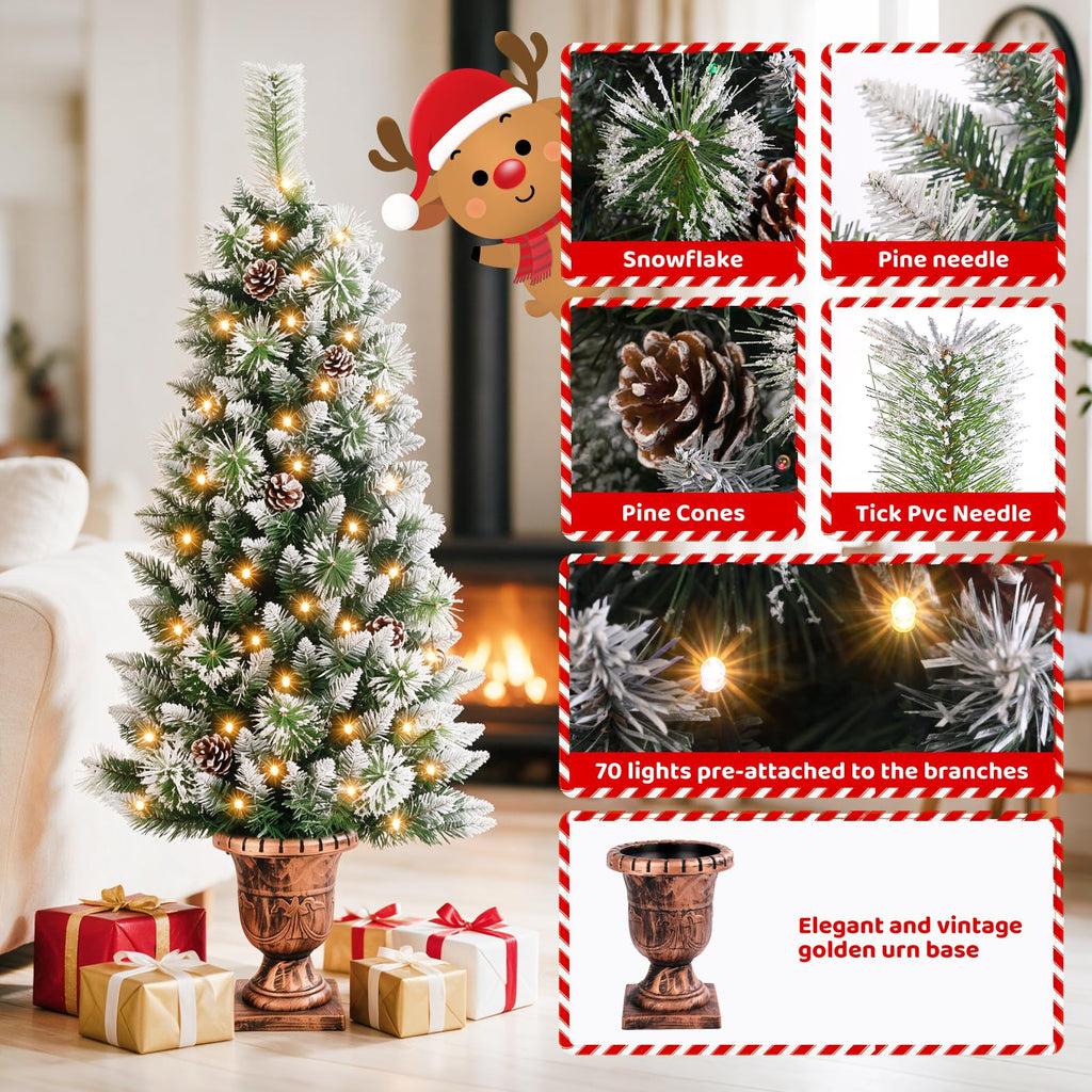 4ft Christmas Tree Pre-Lit Artificial Mini Trees with Gold Pot Base, Flocked Snow Warm White Lights Pine Cones, for