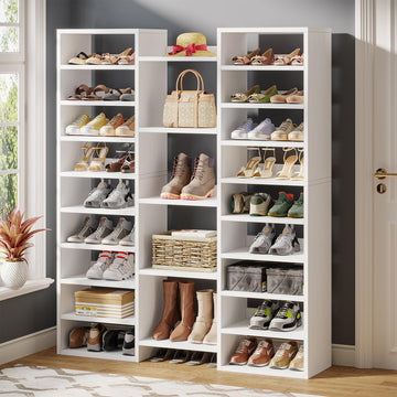 14-Tier Shoe Cabinet, 59" Tall White Storage Organizer