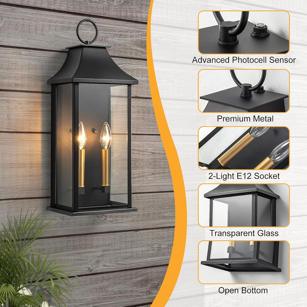 Dusk to Dawn Outdoor Wall Lantern 2-Light, 20.6" Large Outside Wall Sconce, Modern Black Wall Light Fixture with Glass