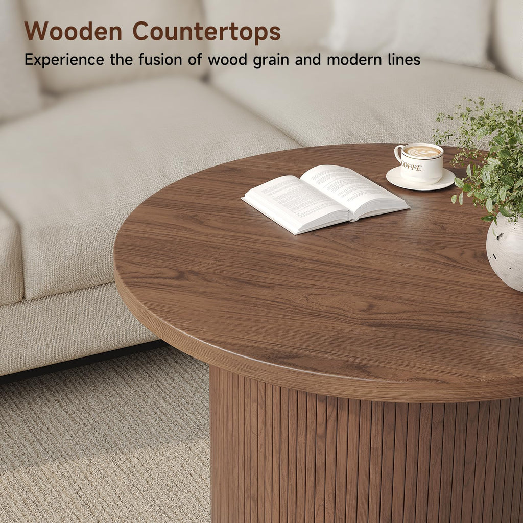 31.5" Round Coffee Table, Mid Century Modern Fluted Drum Table