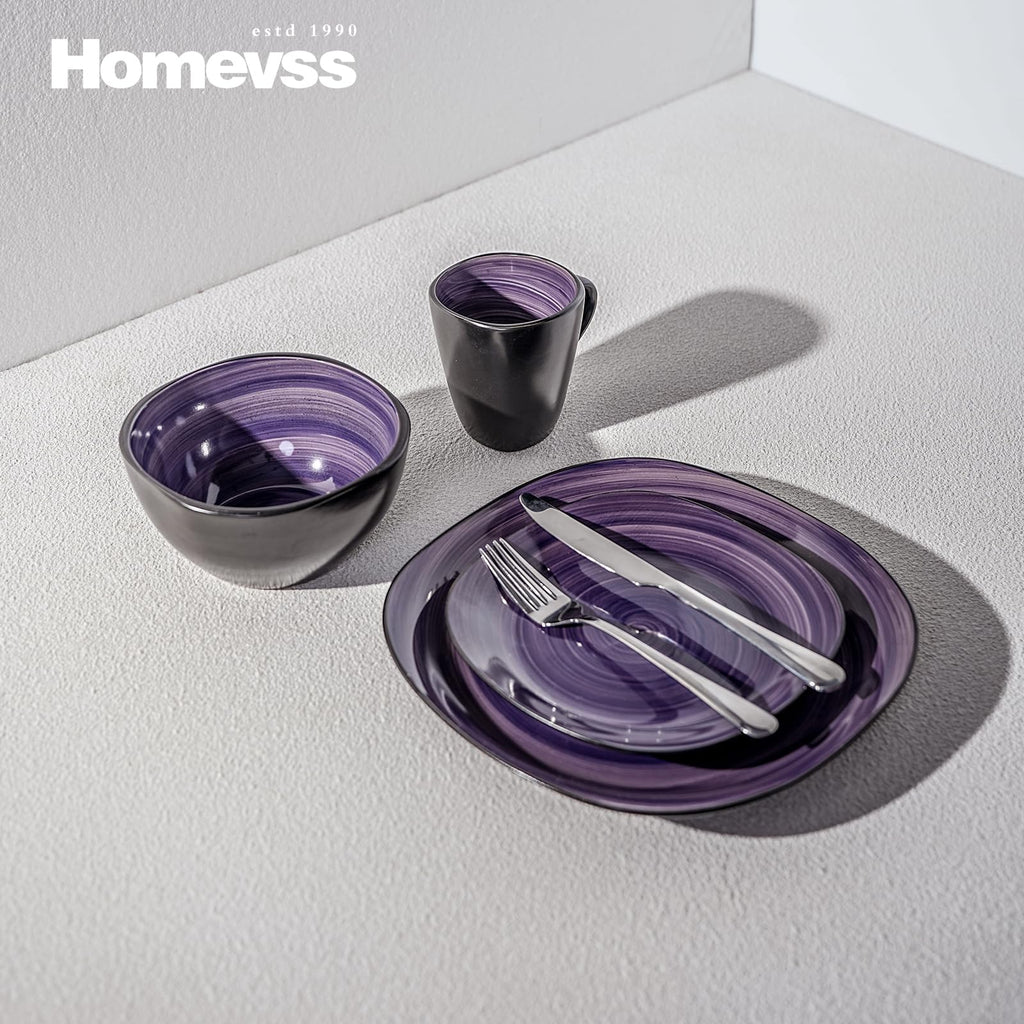 16-Piece Square Dinnerware Set - Serves 4, Inside Spinwash Swirl Purple + Outside Black Plates & Bowls Set