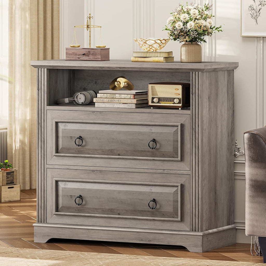 2 Drawer File Cabinet, Farmhouse Filing Cabinet Fits Letter, Legal, A4 Size, Wood Lateral File Cabinet with Printer