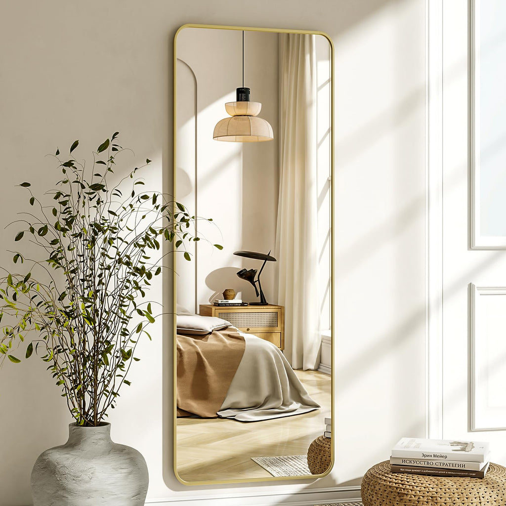 56"x21" Floor Full Length Mirror Standing Full Body Rounded Corner Rectangle Mirrors with Stand Hanging Wall Mounted