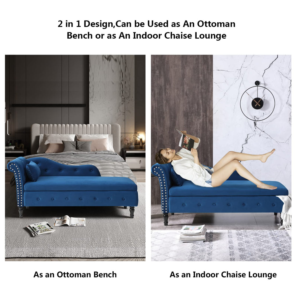 Velvet Indoor Chaise Lounge Chair with Storage Bedroom Office, Rolled Arm End of Bed Ottoman Bench, Tufted Chaise