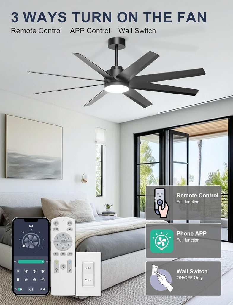 60'' Ceiling Fan with Light - Modern Black 8 Blades Ceiling Fan Remote/APP Control, Dimmable, DC Motor Outdoor Fan