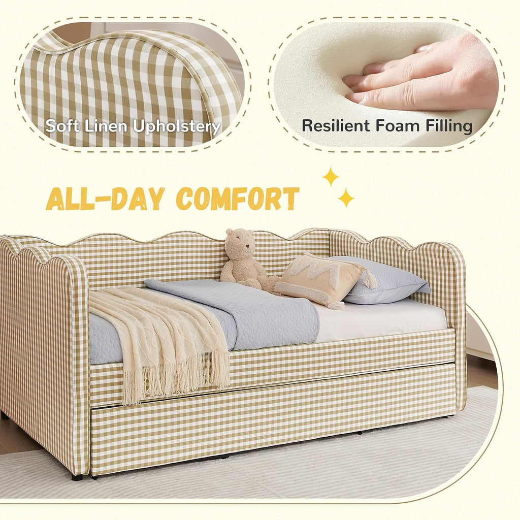 Twin Size Gingham Daybed with Trundle and USB Ports | Upholstered Daybed Living Room Guest Room-Brown