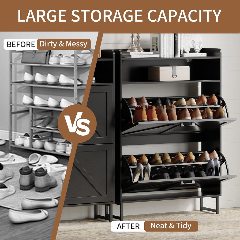 Shoe Cabinet with 2 Flip Drawers, Freestanding Hidden Shoe Storage Organizer , Narrow Slim Shoe Rack Cabinet with
