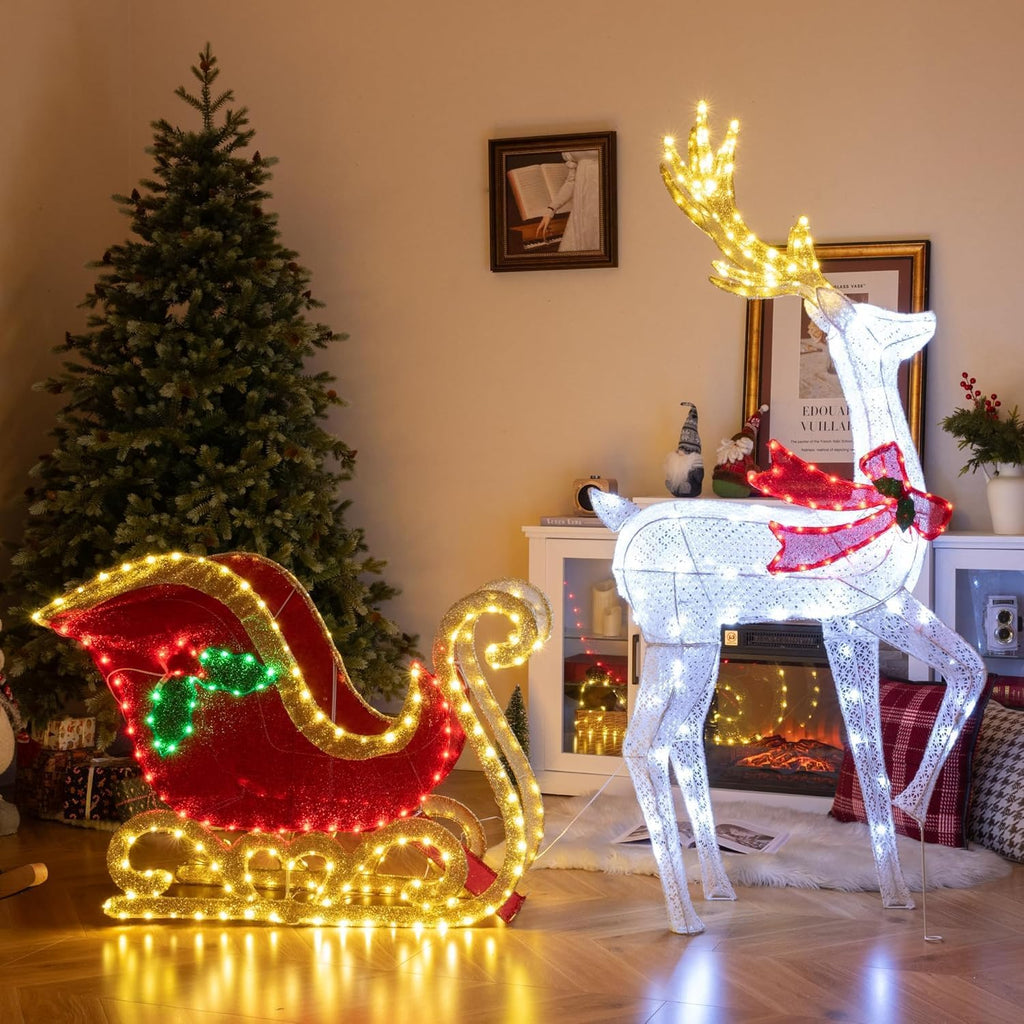 5.4 FT Christmas Lighted Reindeer & Santa's Sleigh Set Decorations