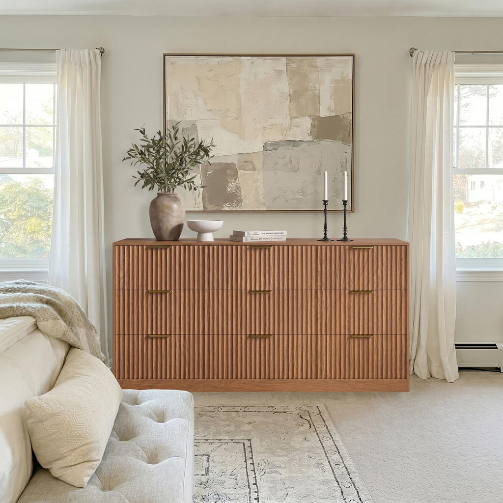 9 Drawer Dresser, 63" Wide Modern Fluted Chest of Drawers, Wooden Dresser with Gold Metal Handles, Mid Century Large