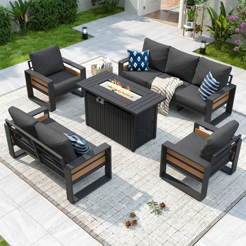 Aluminum Patio Furniture Set with Fire Pit Table, 5 Piece Luxury Outdoor Sectional with 6" Olefin Fabric Cushions