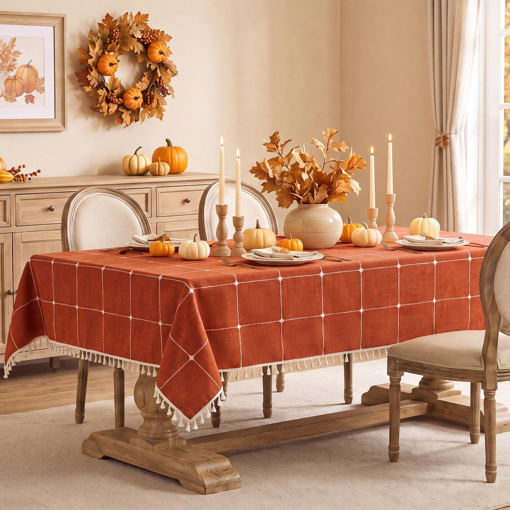 Fall Linen Rectangle Tablecloth with Tassel, 55 x 70 Inch