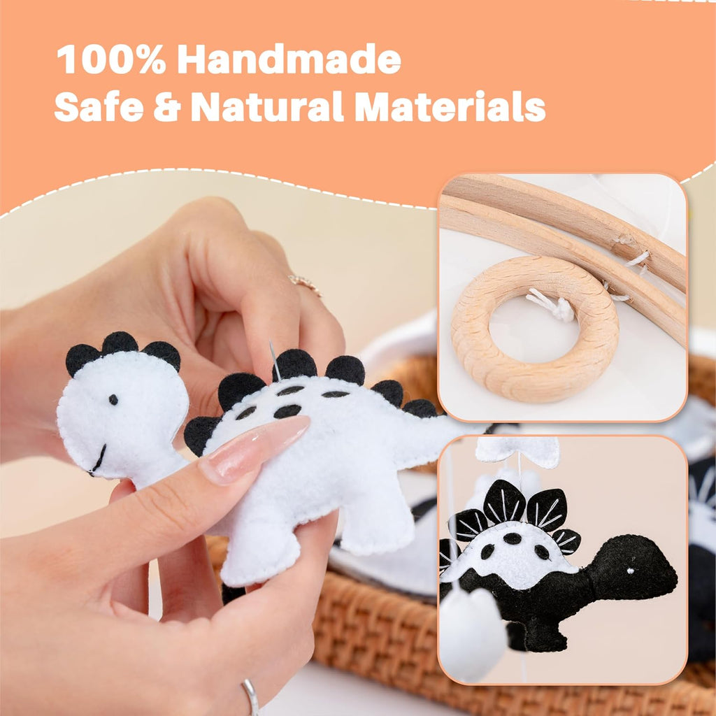 Dinosaur Crib Mobile - High-Contrast Black & White Nursery Decor for Newborn Baby Room, for Boy & Girl, Natural Wood