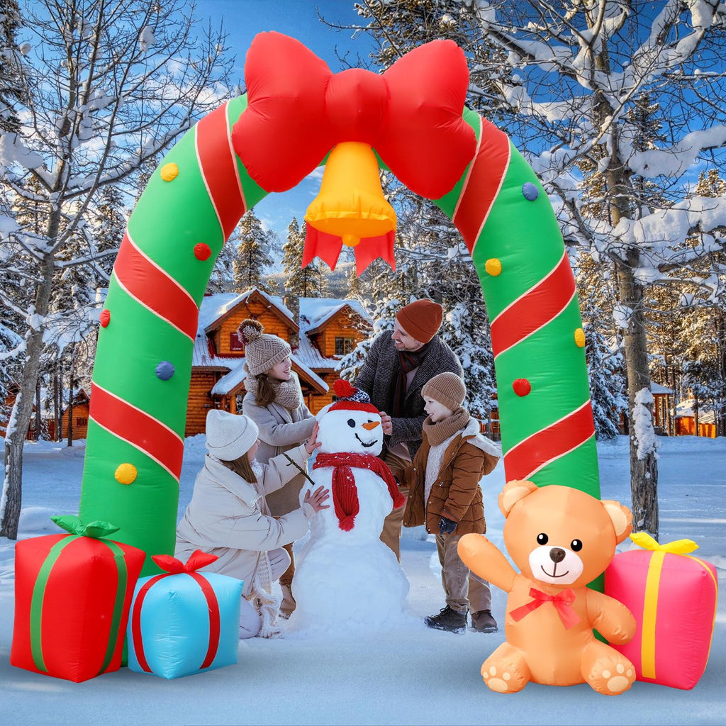 10FT Christmas Inflatable Outdoor Decorations Candy Cane Christmas Archway Inflatables with Bow Bells Bear Gift Box