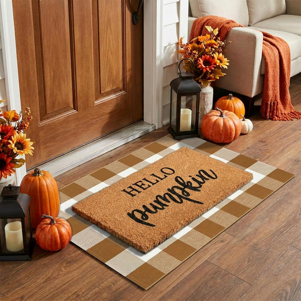 Fall Decor Door Mat Combo Set, 100% Coco Coir Welcome Mat + 28 x 43 Inches Coffee and White Plaid Rug - Fall