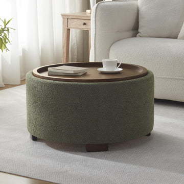30 Inch Round Storage Ottoman, Ottoman Coffee Table with Lift Off Lid, Boucle Modern Ottomans with Storage s (Green)
