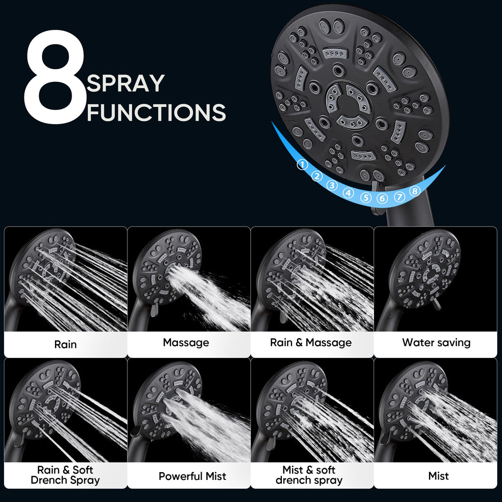 8-Setting Handheld Shower Head, Water-Saving Design, Matte Black