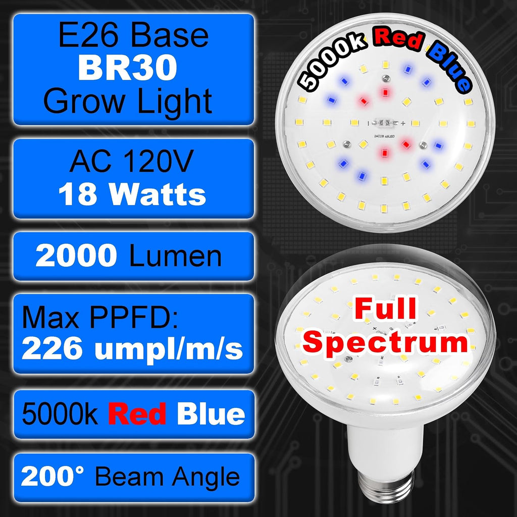 BR30 18W 2000lm Full Spectrum Plant Happy Grow Light Bulb E26 Base, 1 Pack