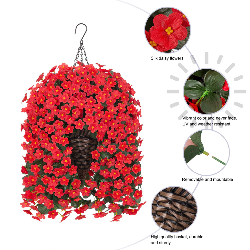 Artificial Hanging Flowers with Baskets for Decor, Fake Silk Red Hanging Daisy Orchid Flowers Plants, Faux Flower