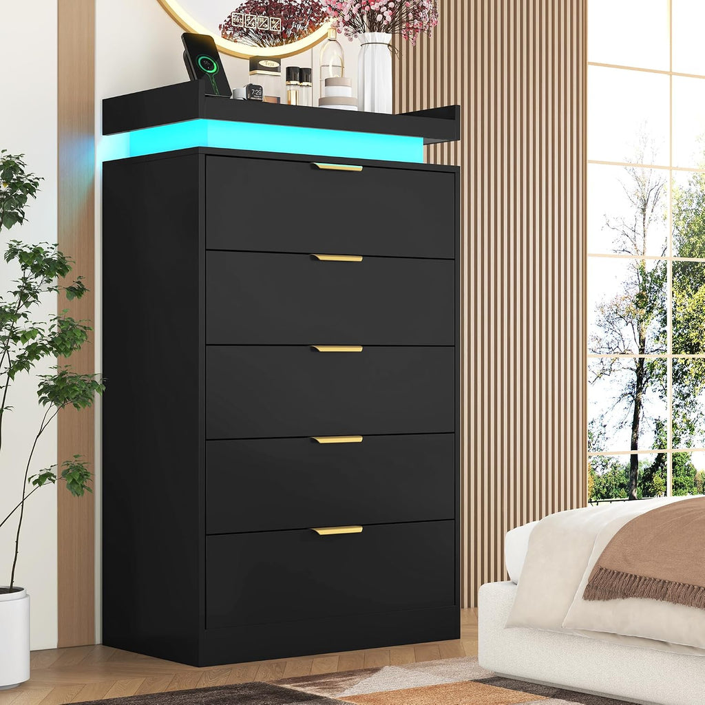 Tall Dresser , Black Dresser with LED Lights, Wood 5 Drawer Chest with Power Outlet, Modern Chest of Drawers
