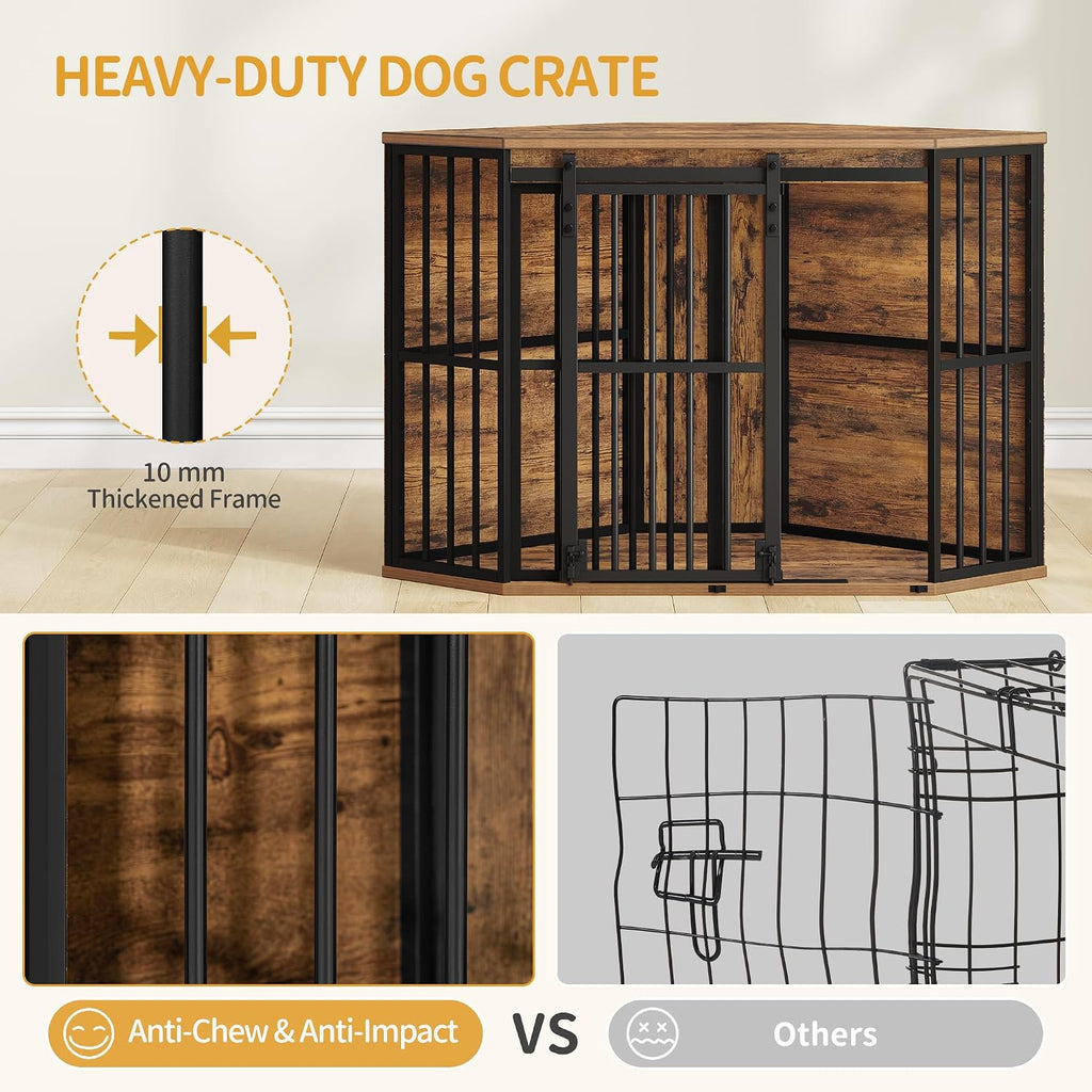 Corner Dog Crate Furniture Wooden Dog Kennel Indoor with Barn Door