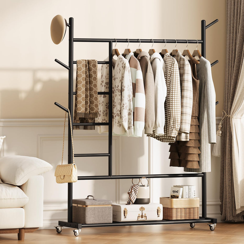Solid Wood Clothing Rack, 4-in-1 Wooden Clothes Rack with Wheels