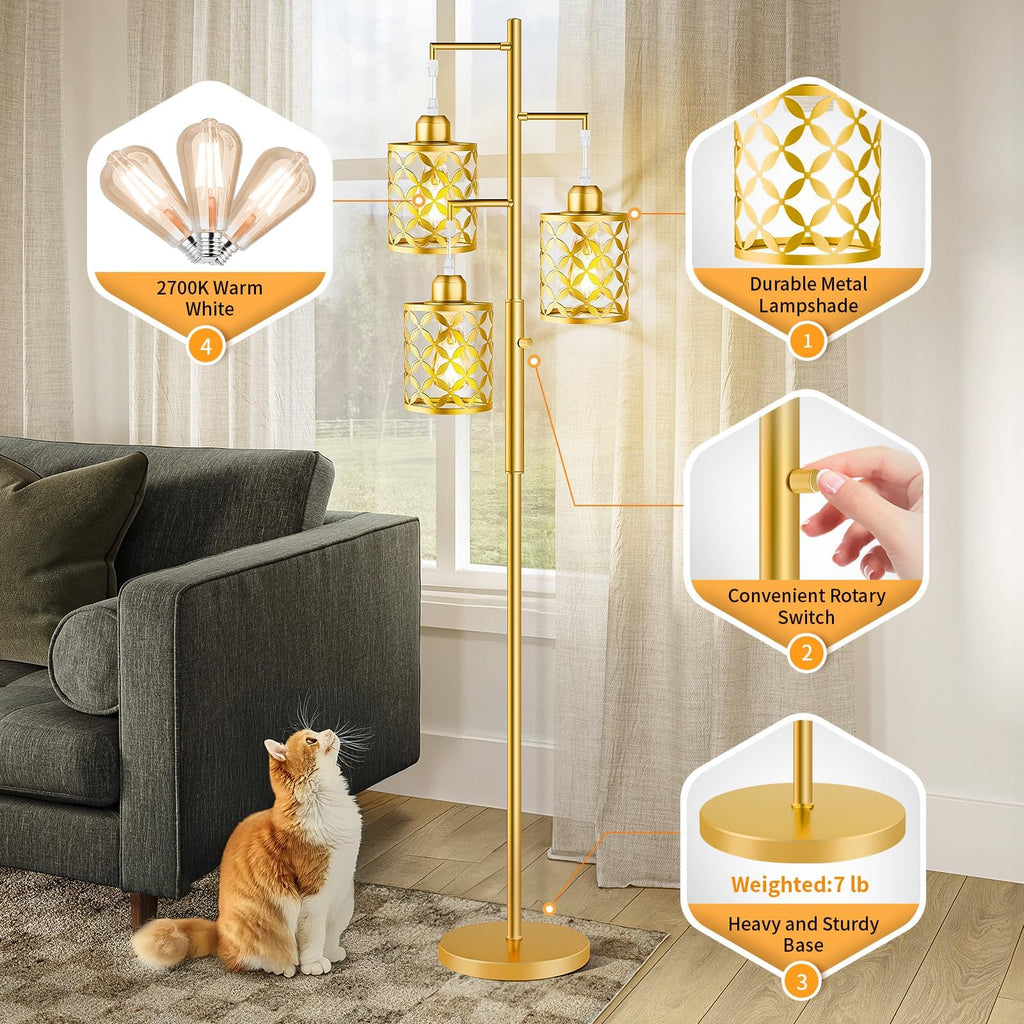 72" Modern Tree Floor Lamp, Dimmable Industrial Tall Standing Lamp with Metal Cages & Rotary Dimmer Knob, Corner