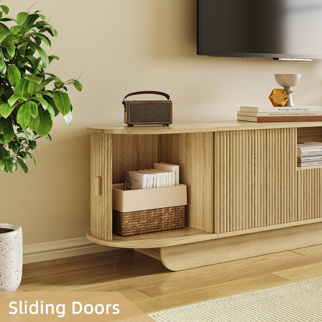 86.6'' Fluted TV Stand for 55-85 Inch, Natural Wood TV Console