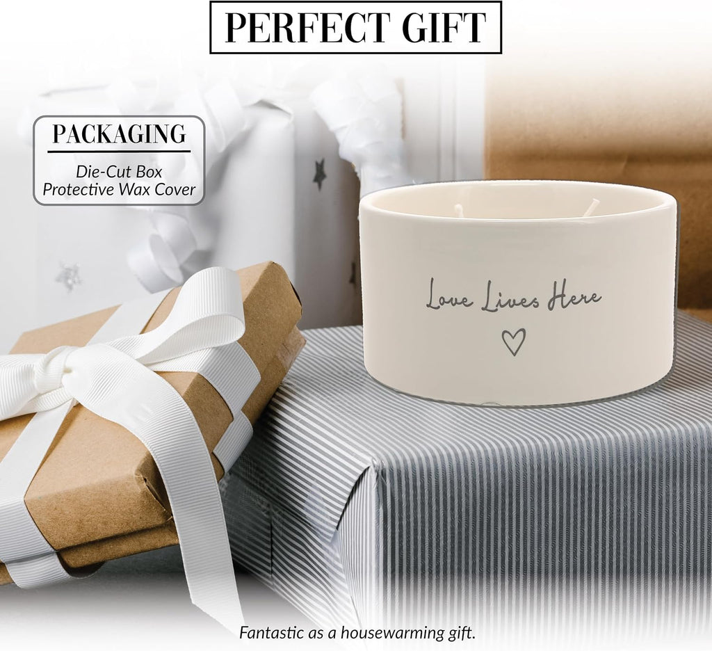 Love Lives Here - 10 oz Soy Wax Ceramic Vessel Candle Housewarming Apartment-Warming Gift Present Neutral Home Decor