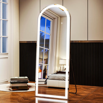LED White Arched Full Length Mirror - 21" x 64" Adjustable Brightness, Touch Screen Controls, Wall Mounted or