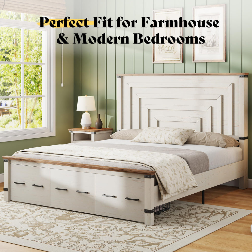 Bed Frame with 51" Headboard & Storage, Rustic White