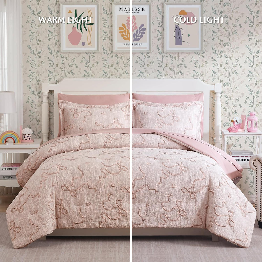 Pink Twin Comforter Set for Girls- 5 Pieces Bowknot Jacquard Bed in A Bag Twin Bedding Sets with Sheets, Pillowcases