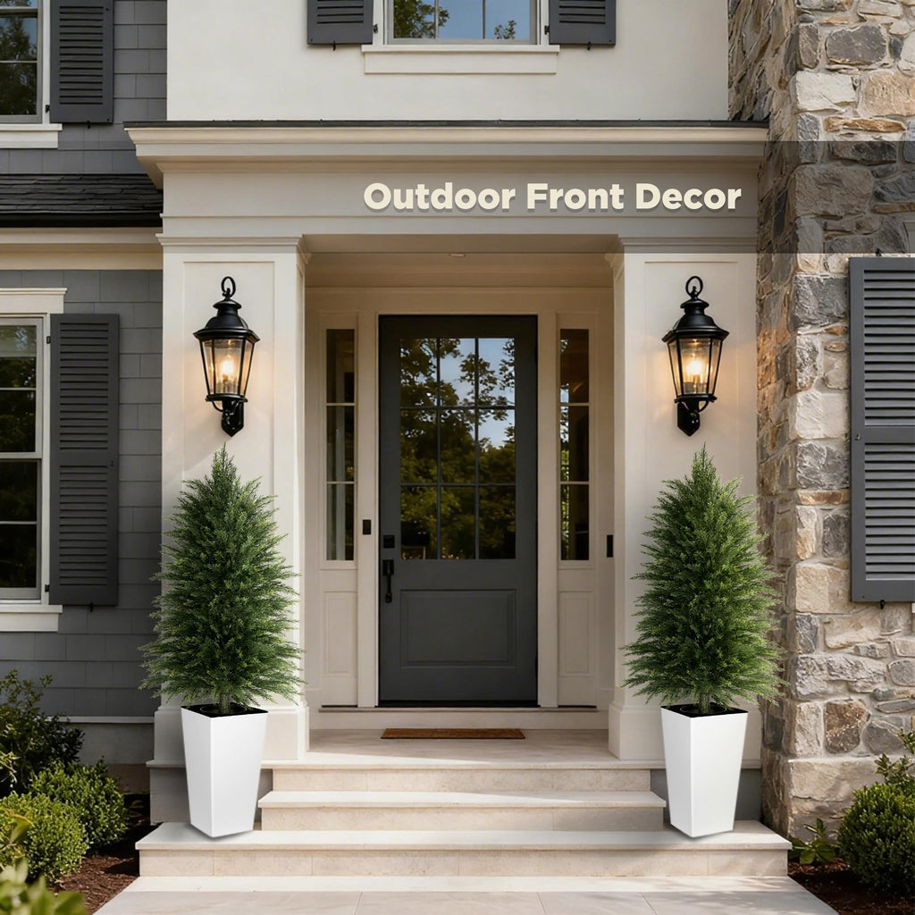 4FT Tall 2 Pack Artificial Cedar Topiary Trees with Full Bushy Columnar Shape, Realistic Faux Cypress in Square White