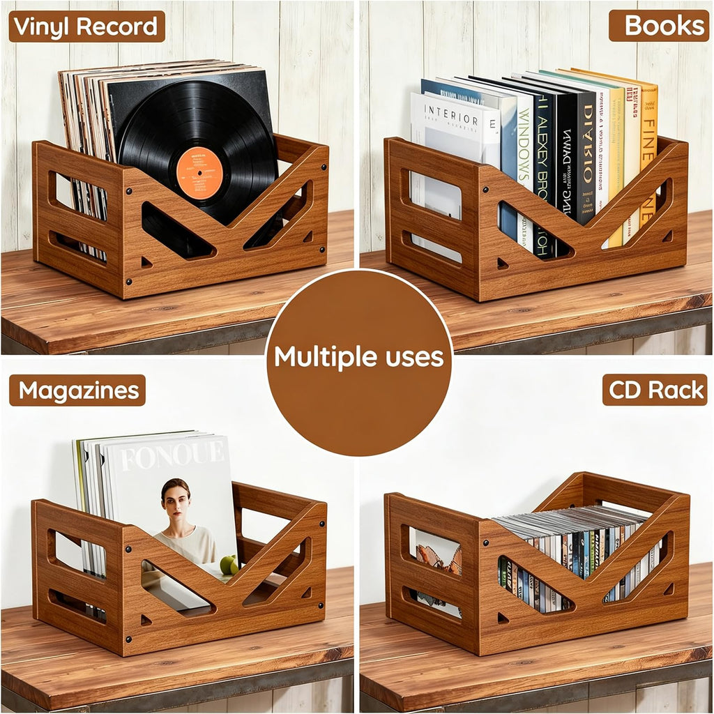 Solid Wood Vinyl Record Storage Crate 45+ V-Shaped Album Holder
