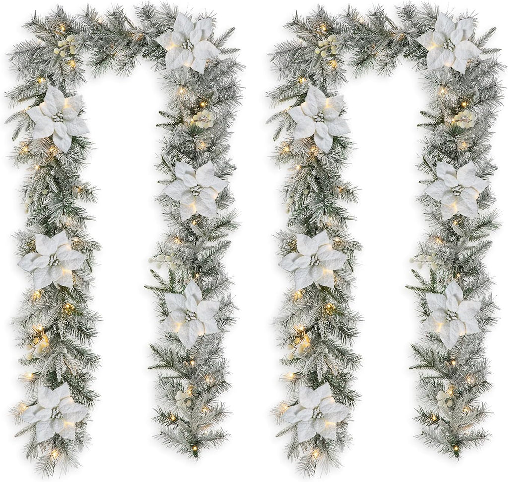 2PCS 9ft Christmas Garlands with Lights, Pre-Lit Snow Flocked Greenery Garlands Poinsettia Pine Garlands with 50 Warm