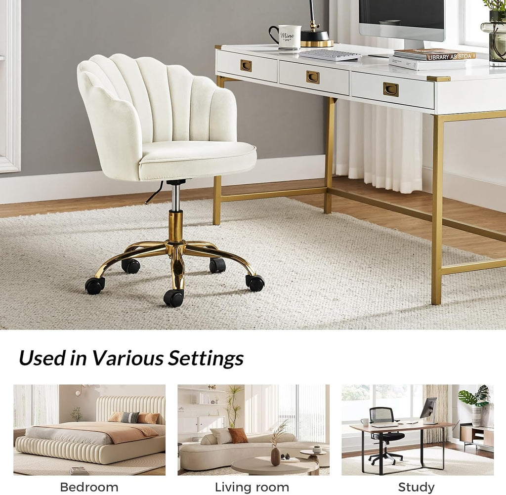 Velvet Home Office Desk Chair with Gold Base, Adjustable Swivel Task Chair for Vanity, Women's Modern Cute Shell Back