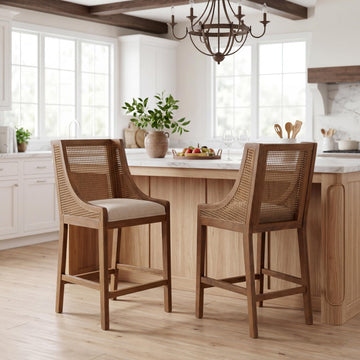 25.5" Fabric Upholstered Wood and Cane Counter Stools with Backrest