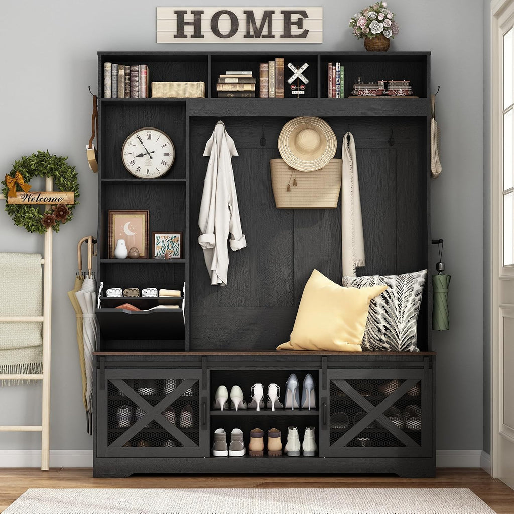 75''H 59''W Large LED Farmhouse Hall Tree with Bench and Shoe Storage,Entryway Bench with Coat Rack,16 Shoe Cubbies &