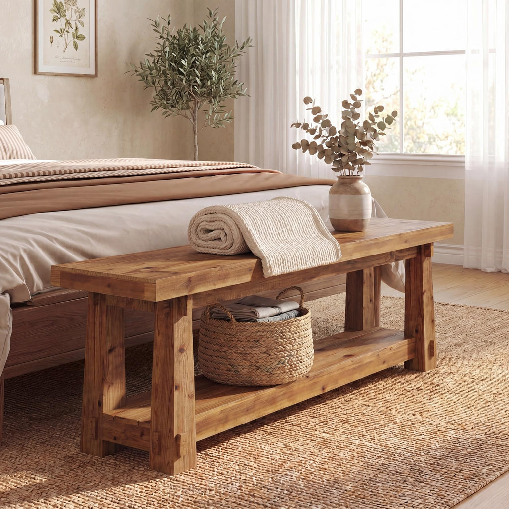 55'' Solid Wood Entryway Bench with Shoe Storage, Rustic Brown