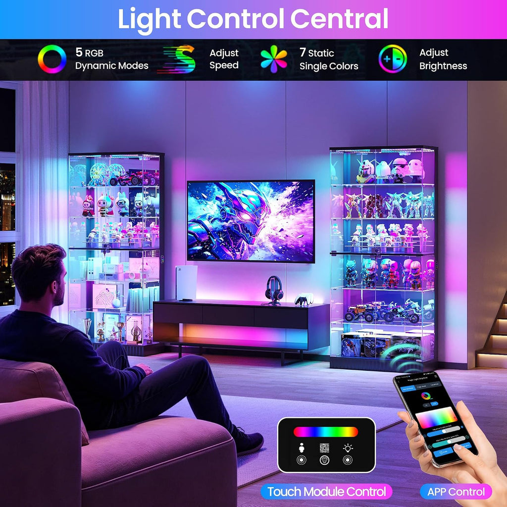6-Tier Tall Glass Display Cabinet with RGB Lights for Collectibles | 71" Lockable Curio Cabinet,Glass Door,Display