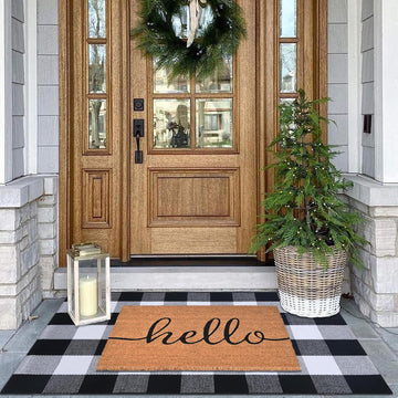 Front Door Mat Combo Set, Hello 100% Coco Coir Welcome Doormat + 28" x 43" Layered Buffalo Black and White Plaid Rug