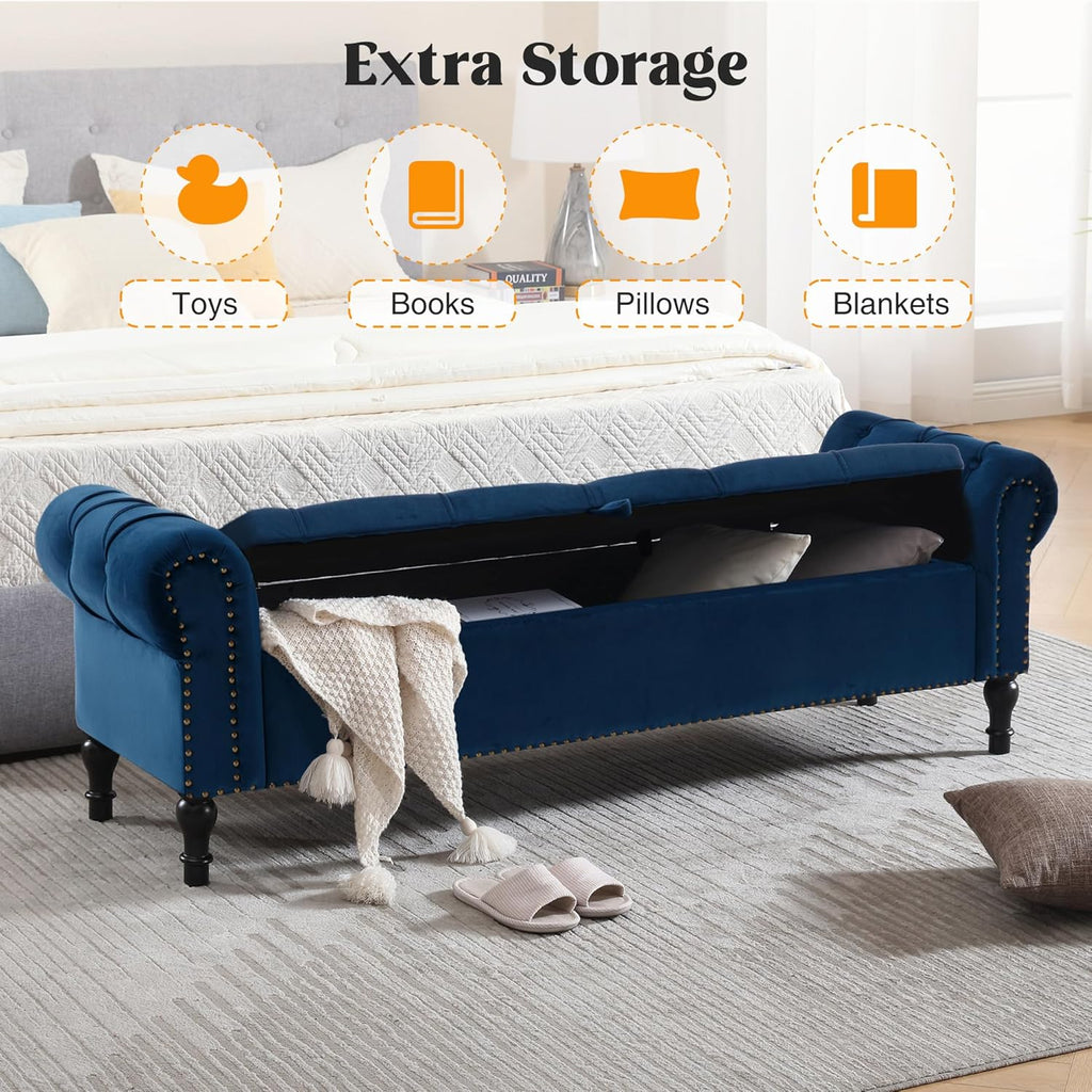 Velvet Storage Bench 67 Inch Upholstered Tufted Ottoman Bench with Arms Large Storage Space King Size End of Bed
